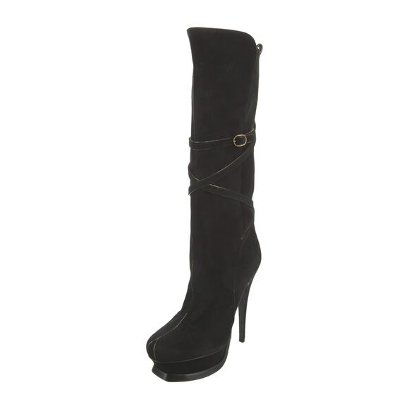 SAINT LAURENT Tribute 105 Black Suede Knee High Tall Platform Heels Boots 37 - Picture 2 of 7